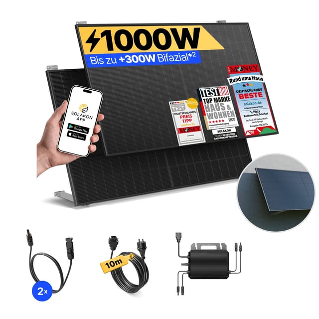 Solakon Balkonkraftwerk 1000W Solaranlage mit Wandhalterung Steckerfertig Komplettset Photovoltaik 800W Kabellänge 10m
