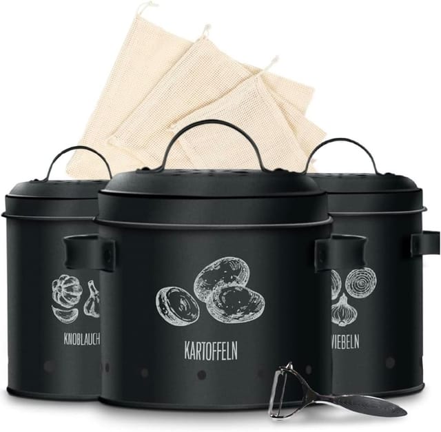 KitchenQuality Kartoffelaufbewahrungsbox 3er-Set aus Metall inkl. Schäler & Beutel
