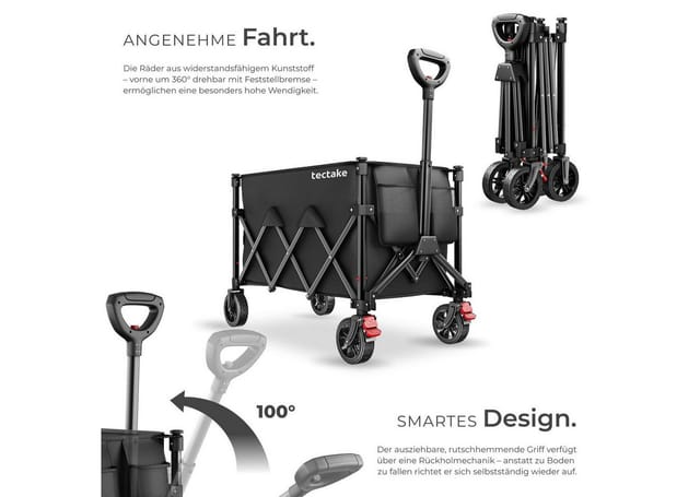 Tectake Bollerwagen Rollrider Faltbar Kunststoffräder Mit Profil 150 L 51 x 95 x 89 cm Schwarz