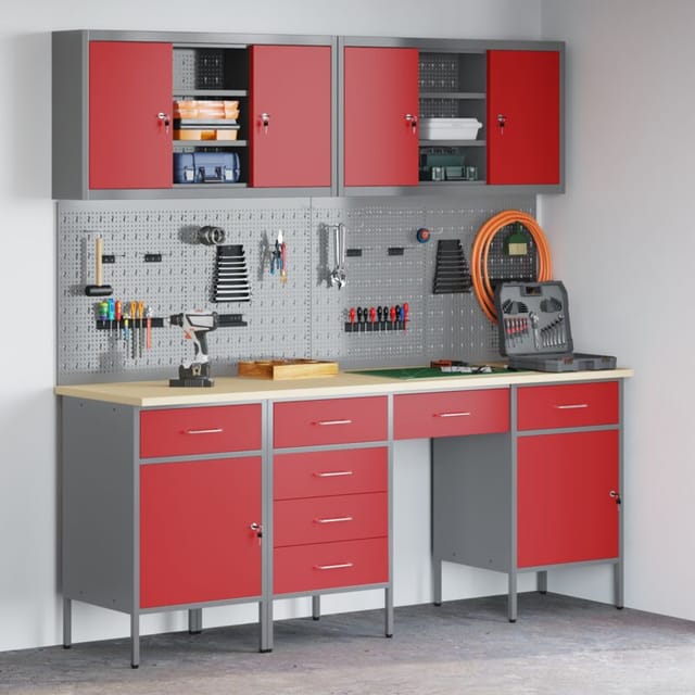 vidaXL Werkbank mit Schubladen 10-Tlg Rot Ingenieure Holz und Stahl 3321479