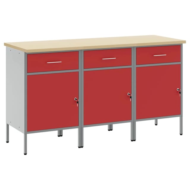 vidaXL Werkbank mit Schubladen 3-Tlg Rot und Grau 150 x 55 x 85 cm 3321367