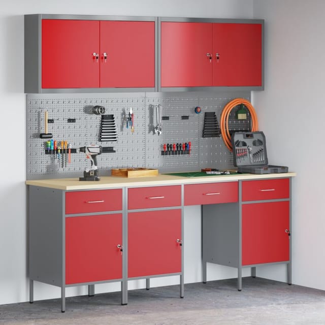 vidaXL Werkbank mit Schubladen 10-Tlg Rot Ingenieure Holz und Stahl 3321471