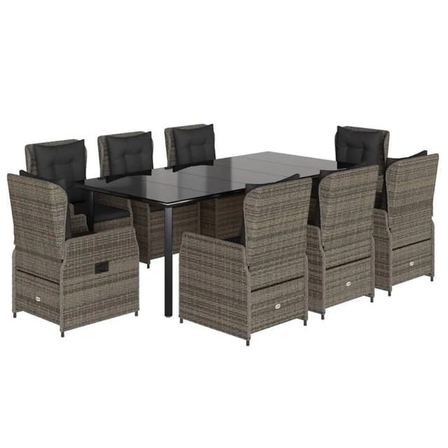 vidaXL 9-Tlg Garten-Essgruppe mit Kissen Grau Poly Rattan 3262867