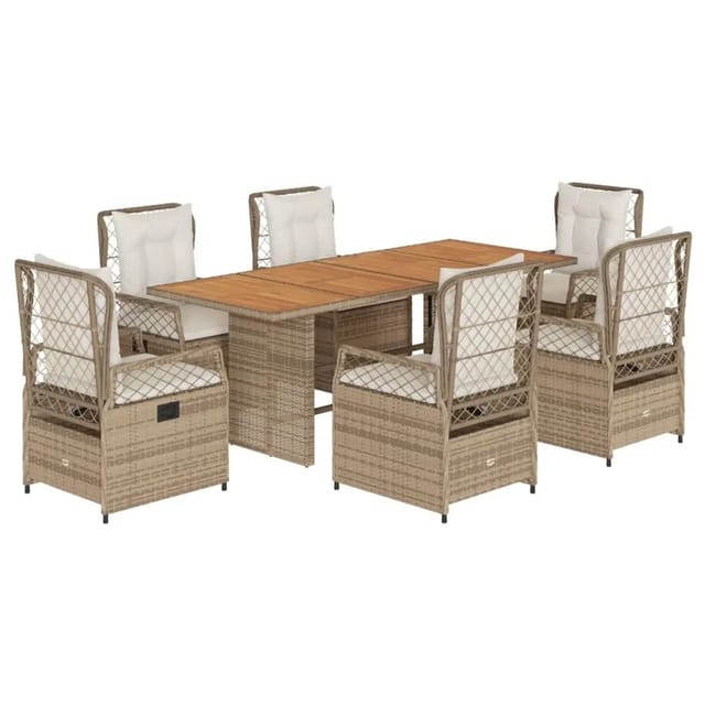 vidaXL 7-Tlg Garten-Essgruppe mit Kissen Beige Poly Rattan 3262938