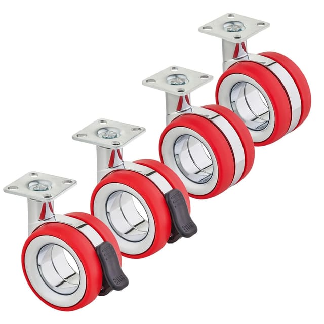 SOTECH 4er SET Premium Möbelrolle DÜSSELDORF Ø75 mm Höhe 98,5 mm Chrom Rot 2x Lenkrollen und 2x Lenkrollen mit Bremse Anschraubplatte 47 x 47 mm