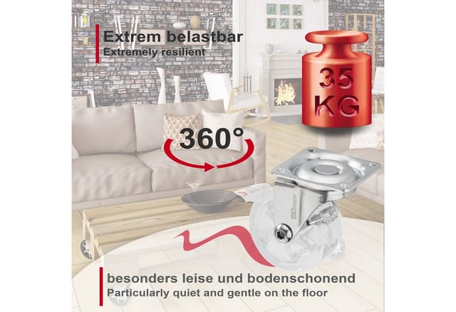 SOTECH 4 x Möbelrolle RAPID Ø50 mm Transparent Ohne Bremse inkl. Schraubenset