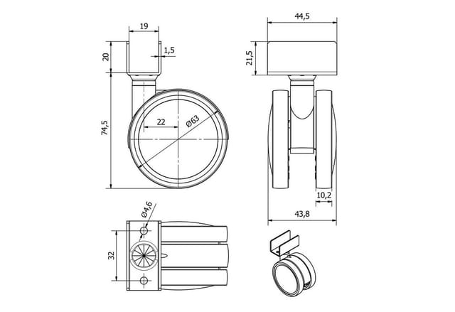 SOTECH Möbelrolle HAMM Ø63 mm Höhe 74,5 mm Weiß Grau Ohne Bremse mit U-Profil für 19 mm Wandstärke Ohne Befestigungsschrauben