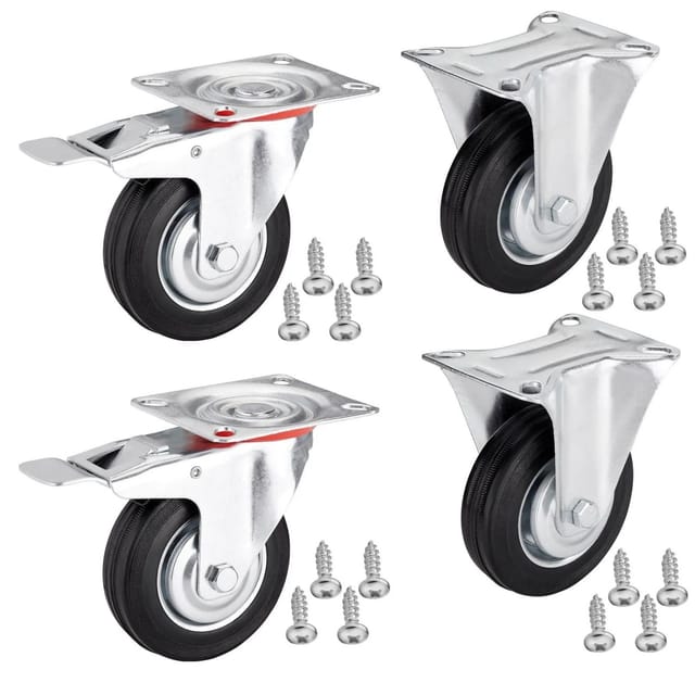 SOTECH 4er SET Transportrollen RED Ø100 mm 2x Bockrollen und 2x Lenkrollen mit Bremse Bis 360 Kg inkl. Pan-Head 5 x 17 mm Befestigungsschrauben