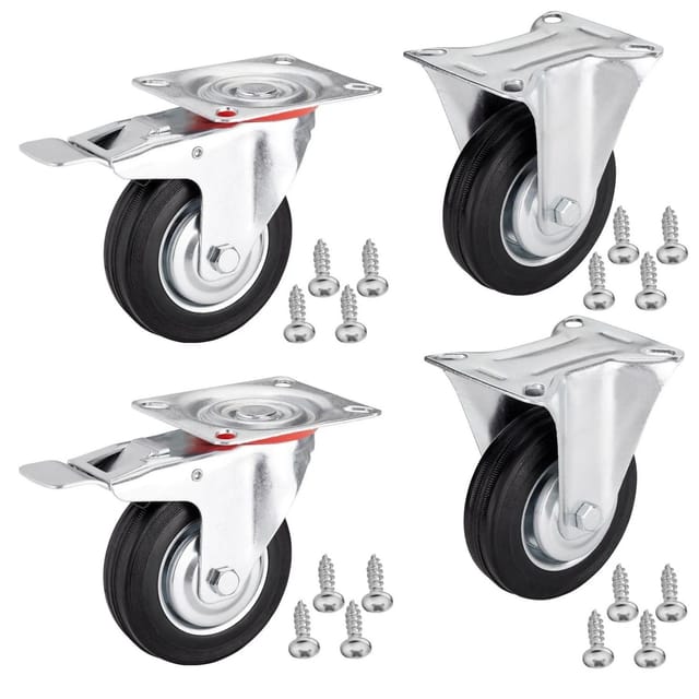 SOTECH 4er SET Transportrollen RED Ø75 mm 2x Bockrollen und 2x Lenkrollen mit Bremse Bis 280 Kg inkl. Pan Head 5 x 17 mm Befestigungsschrauben