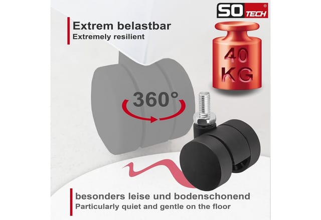 SOTECH Doppel Möbelrolle AACHEN Ø35 mm Belastbar Bis 40 kg Schwarz mit M8 Gewindestift