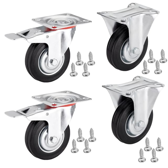 SOTECH 4er SET Transportrollen RED Ø125 mm 2x Bockrollen und 2x Lenkrollen mit Bremse Bis 440 Kg inkl. Pan Head 5 x 17 mm Befestigungsschrauben
