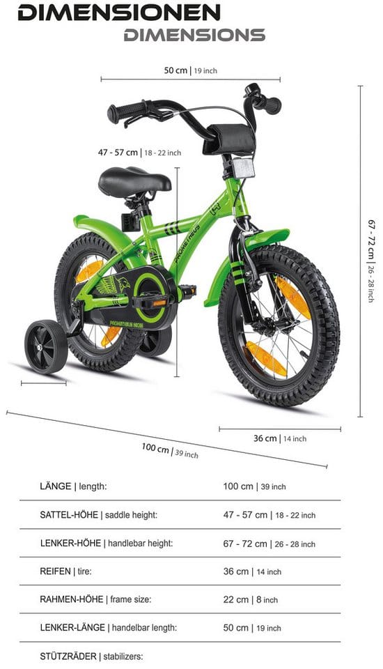 PROMETHEUS BIKES Kinderfahrrad 14 Zoll ab 4 Jahre mit Stützrädern und Rücktrittbremse Grün