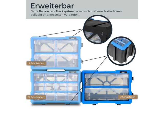 HMF STK200-01-05 Sortierbox Für Kleinteile Mit 2 Schubladen Erweiterbarer Sortimentskasten Für Schrauben Und Werkzeug 4 Fächer 295 x 195 x 160 mm