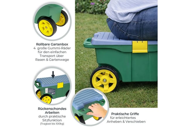 HMF GWS-55CM-06 2-in-1 Gartenwagen Mit Sitz Und Stauraum Gartenhocker Mit Rollen Rollsitz Für Gartenarbeit Bis 100 kg 550 x 265 x 295 mm