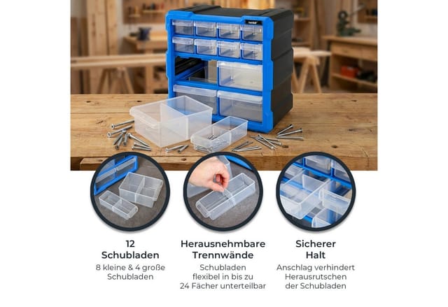 HMF STK100-07-05 Sortierbox Für Kleinteile Mit 12 Schubladen Sortimentskasten Für Schrauben Und Werkzeug 24 Fächer 265 x 265 x 160 mm
