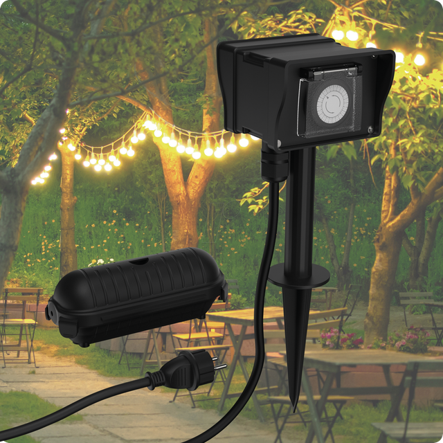 Westfalia Outdoor Zeitschaltuhr AES8 mit 2 Steckdosen Schwarz Kunststoff