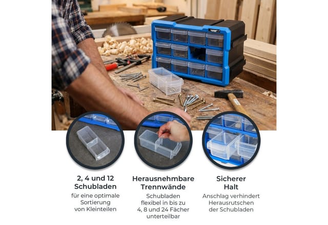 HMF STK200-S3-05 Sortierbox 3er Set Kleinteile Schubladen Erweiterbarer Sortimentskasten Schrauben Werkzeug 36 Fächer 295 x 195 x 160 mm