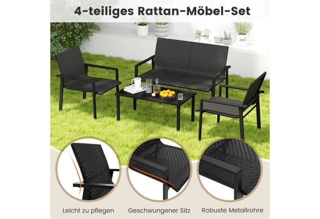 Costway Gartenmöbel Set 4-TLG. Gartengarnitur Inkl. 2 Stühlen Schwarz