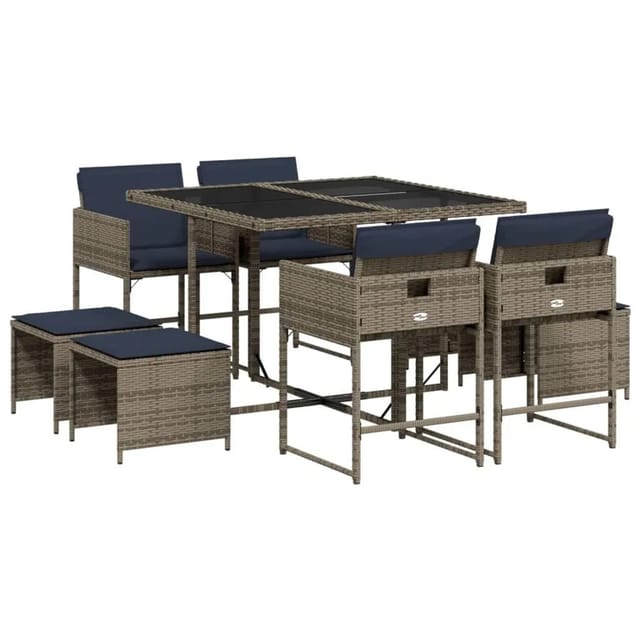 vidaXL 9-Tlg Garten-Ess-Set mit Kissen Grau Polyrattan 3278088