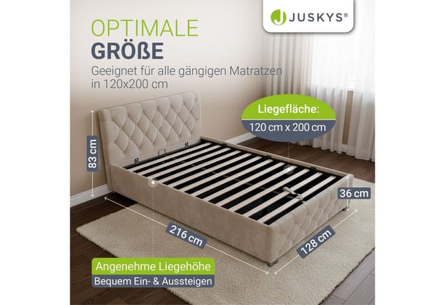 Juskys Polsterbett Nizza 120 x 200 cm mit Bettkasten & LED Beleuchtung in Beige