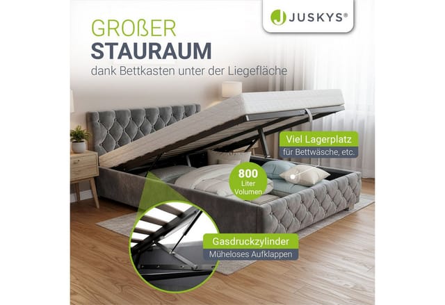 Juskys Polsterbett Nizza 140 x 200 cm mit Bettkasten & LED Beleuchtung in Dunkelgrau