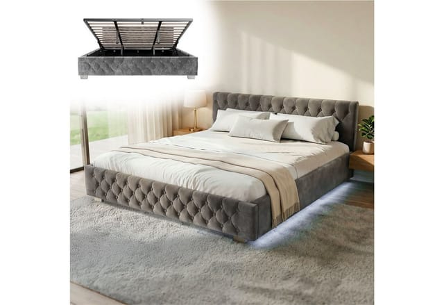 Juskys Polsterbett Nizza 180 x 200 cm mit Bettkasten & LED Beleuchtung in Dunkelgrau