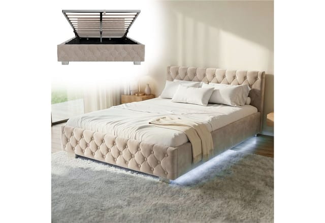 Juskys Polsterbett Nizza 140 x 200 cm mit Bettkasten & LED Beleuchtung in Beige