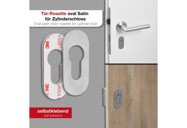 SOTECH Selbstklebende Tür Rosetten Oval mit Profilzylinderausschnitt Edelstahl Satin
