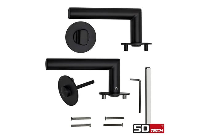 SOTECH Türdrückergarnitur THORE Edelstahl SS304 mit Flachrosetten und Magnetischer Cliptechnik Bad WC Schwarz Galvanisiert mit Befestigungsmaterial
