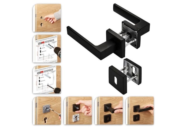 SOTECH Türdrückergarnitur CUBE Schwarz Rosette Buntbart mit Befestigungsmaterial