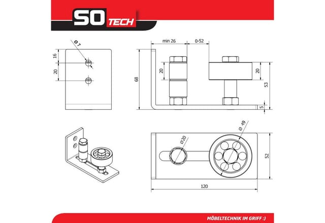 SOTECH Schiebetür Bodenführung für Türstärke Bis 65 mm Schwarz 5 Montageoptionen