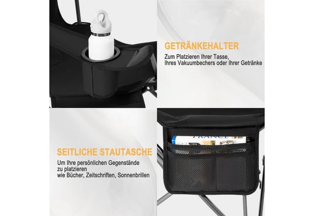 WOLTU Campingstuhl mit Lehne Fußstütze Getränkehalter Oxford-Gewebe Schwarz
