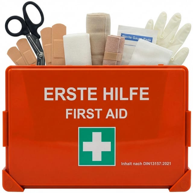 Floordirekt Erste-Hilfe-Koffer DIN 13157 Verbandskasten Wandhalterung ISO-Aufkleber