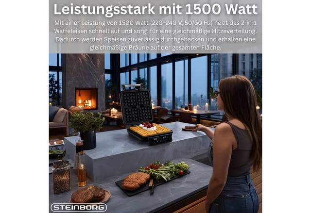 Steinborg SB-2041 2-in-1 Waffeleisen & Sandwichmaker Touch Panel mit LED Display 1500 W
