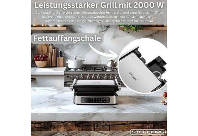 Steinborg SB-2040 Digitaler Kontaktgrill mit Touch Display 180° Aufklappbar 2000 W