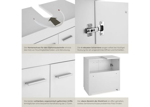 Tectake Waschbeckenunterschrank Idris 2 Geräumige Fächer Spanplatte und Mdf Platte 35 x 60 x 56 cm Weiß