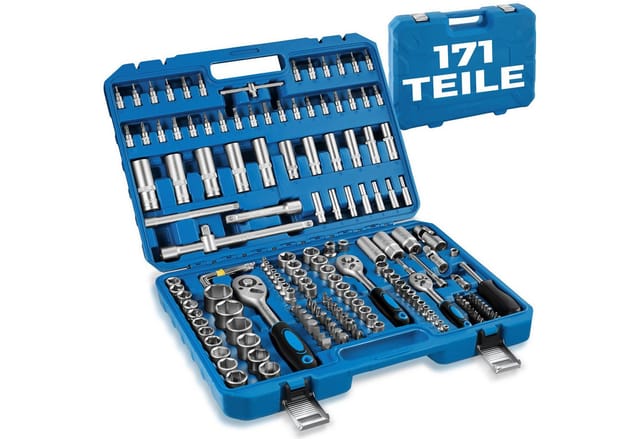 Tectake Steckschlüsselsatz 171 Teilig 1 4 3 8 und 1 2 Zoll Aus Chrom Vanadium Stahl und Gehärtetem Stahl 46 50 x 33 50 x 9 cm Blau