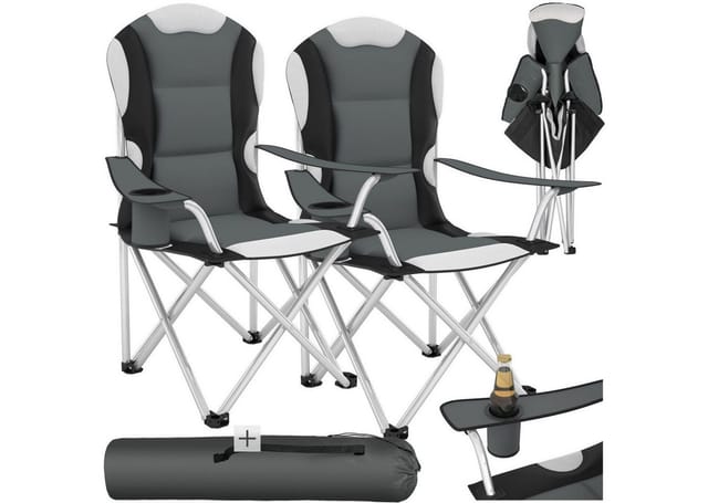 Tectake Campingstuhl Faltbar Gepolstert Mit Getränkehalter 2Er Set 60 x 88 x 110 cm Grau