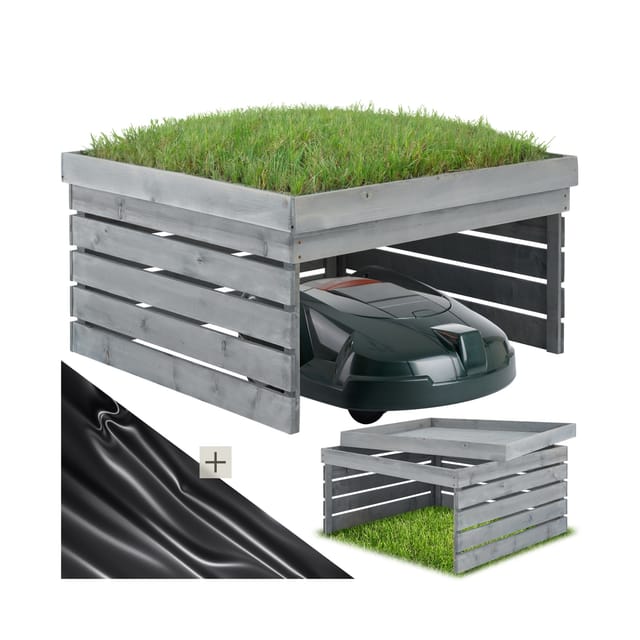 Tectake Rasenmäher Roboter Garage Hortus Gebeizte Kiefernlatten Wetterfest Großer Innenraum 78 x 84 x 46 cm Grau