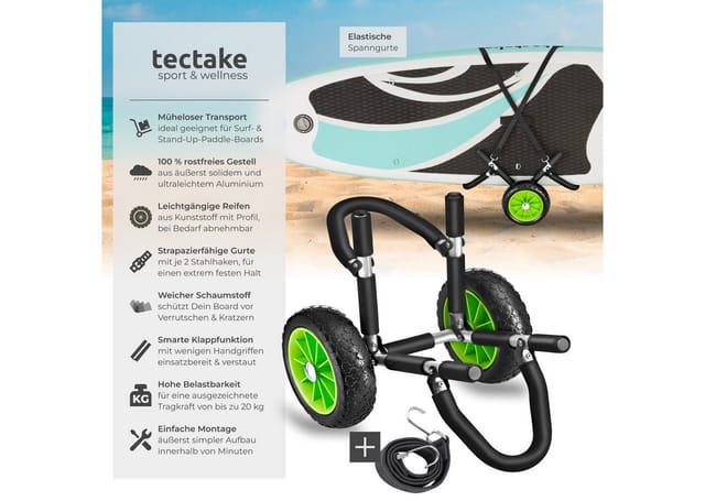 Tectake Surfboard Transportwagen Wavewheel Klappbar Rostfreies Aluminium 1 70 x 42 x 48 50 cm Schwarz Grün