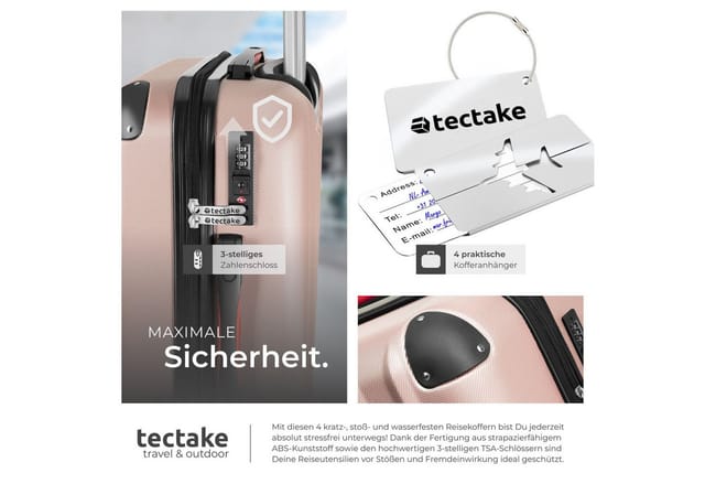 Tectake Hartschalenkoffer Set Cleo 4 Teilig 3 Trolleys 1 Beauty Case Inkl Kofferwaage und Anhänger Mit Teleskopgriff 30 50 x 48 x 75 cm Roségold