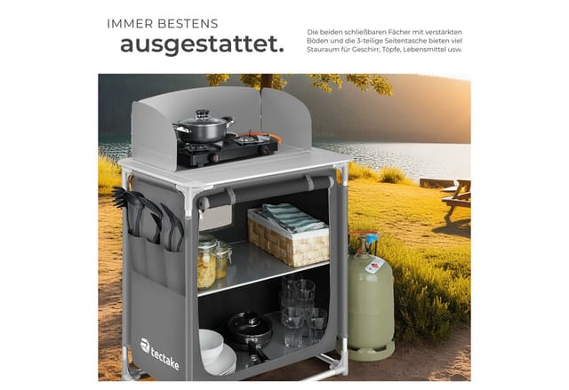 Tectake Campingküche Premium Mit Aluminiumgestell und 2 Fächern Faltbar Wetterfest 76 x 53 50 x 107 cm Grau