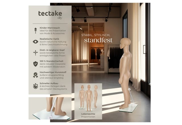 Tectake Schaufensterpuppe Aus Kunststoff Beweglich und Standfest 30 x 22 x 110 cm Beige