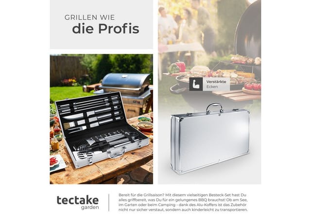 Tectake Grillbesteck Mit Aluminiumkoffer Aus Edelstahl 18 Teilig 47 x 8 x 22 cm Grau