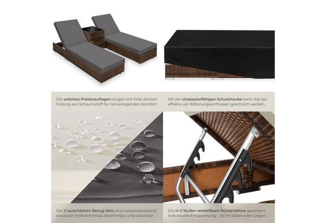 Tectake 2Er Set Aluminium Rattan Sonnenliegen Wetterfest und Uv Beständig 5 Fach Verstellbare Rückenlehne Dicke Des Polsters 7 5 cm 184 x 60 x 21 c