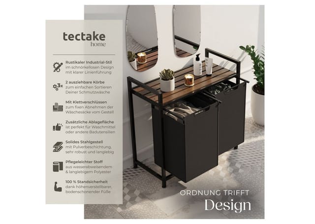 Tectake Wäschesortierer Industrial Style 2 Oder 3 Ausziehbare Fächer Holz und Stahl 34 x 74 x 72 cm 34 x 74 x 72 cm Schwarz Braun