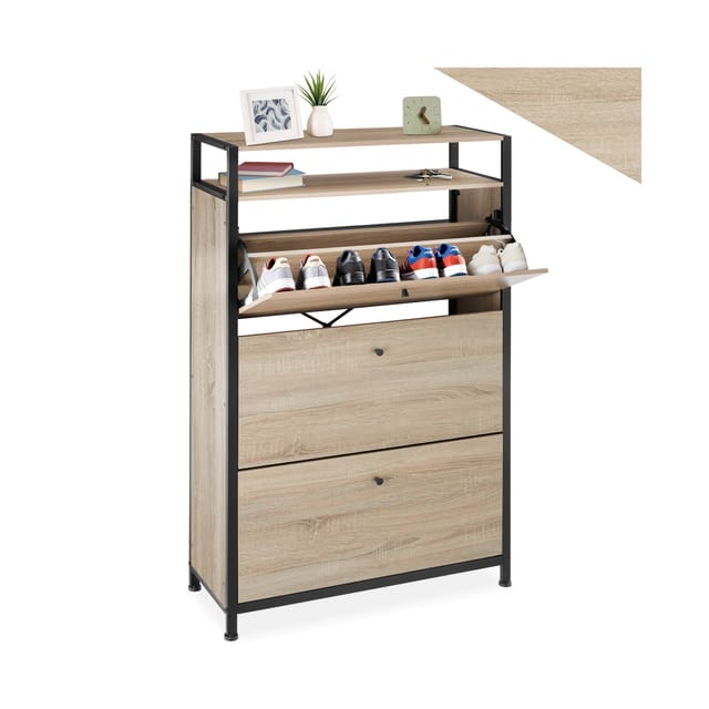 Tectake Schuhschrank Buffalo Industrial Style Holz und Stahl 81 x 32 x 130 cm Industrial Holz Hell Eiche Sonoma