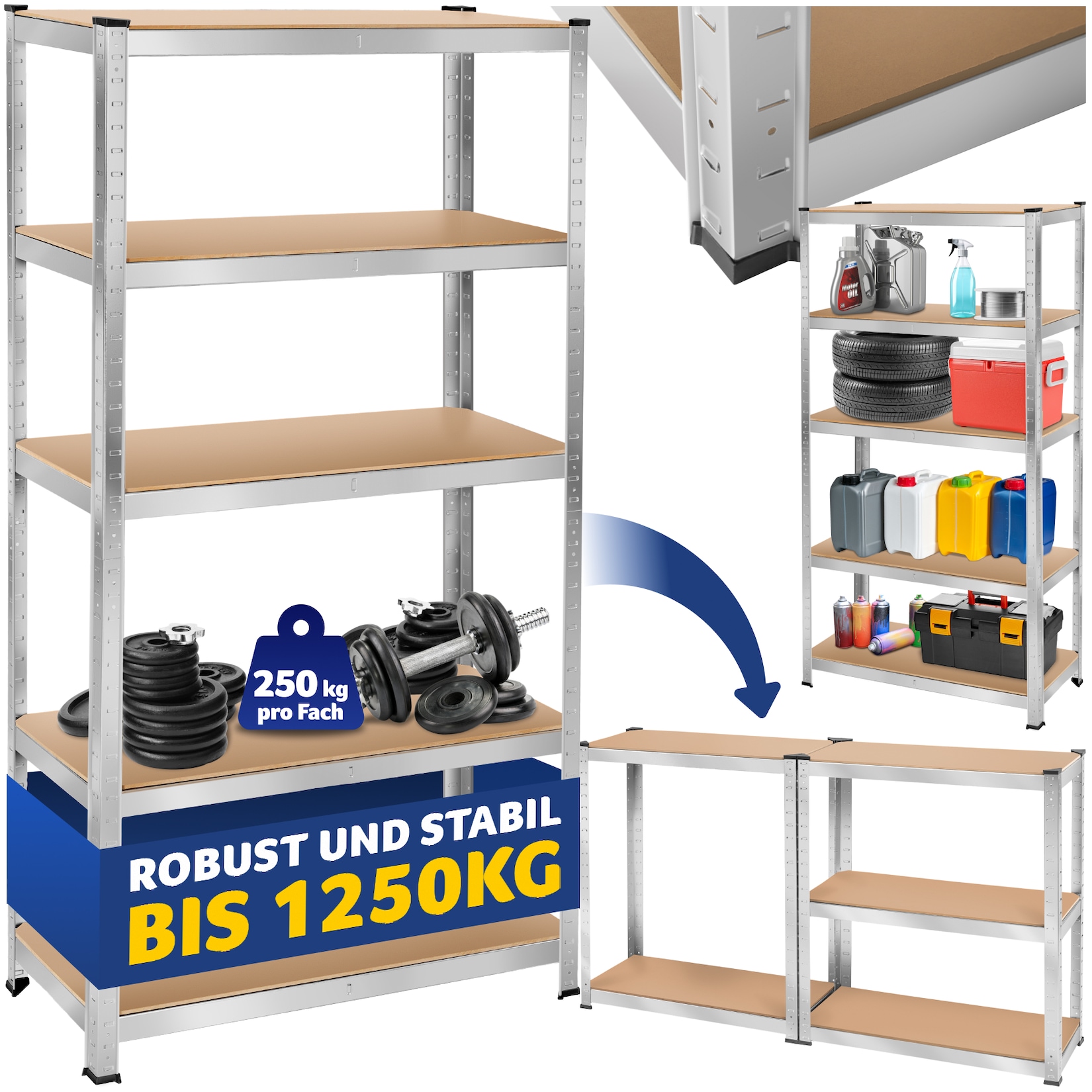 Tectake Schwerlastregal In Verschiedenen Ausführungen Verzinktes Stahlgestell 180 x 90 x 40 cm 1250 kg 90 x 40 x 180 cm Silber