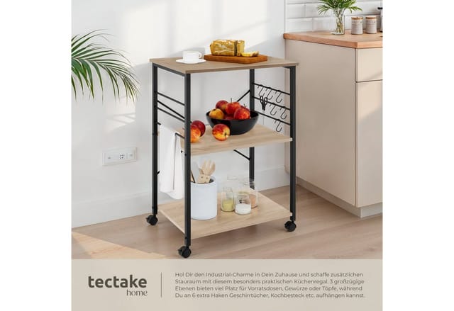 Tectake Servierwagen Rugby Industrial Style Holz und Stahl 65 50 x 45 50 x 88 50 cm Industrial Holz Hell Eiche Sonoma