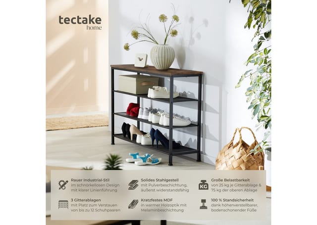 Tectake Schuhregal Portsmouth Industrial Style Holz und Stahl 100 x 30 50 x 72 50 cm Industrial Holz Dunkel Rustikal